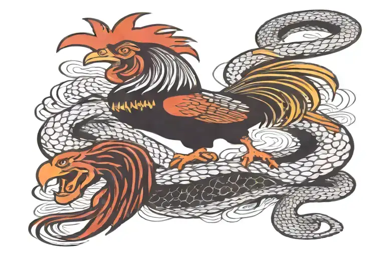 Rooster Fighting Snake Intertwined