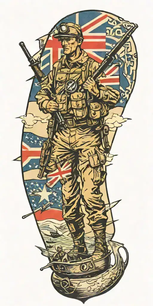 War Soldier With Australian Flag And Boats And Planes