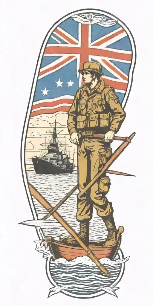 War Soldier With Australian Flag And Boats And Planes