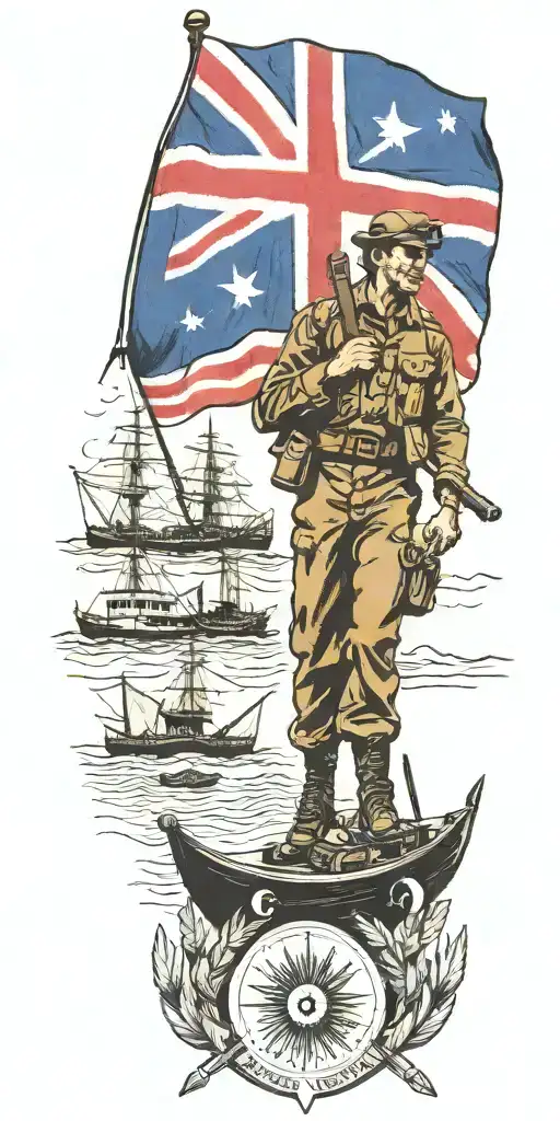 War Soldier With Australian Flag And Boats And Planes