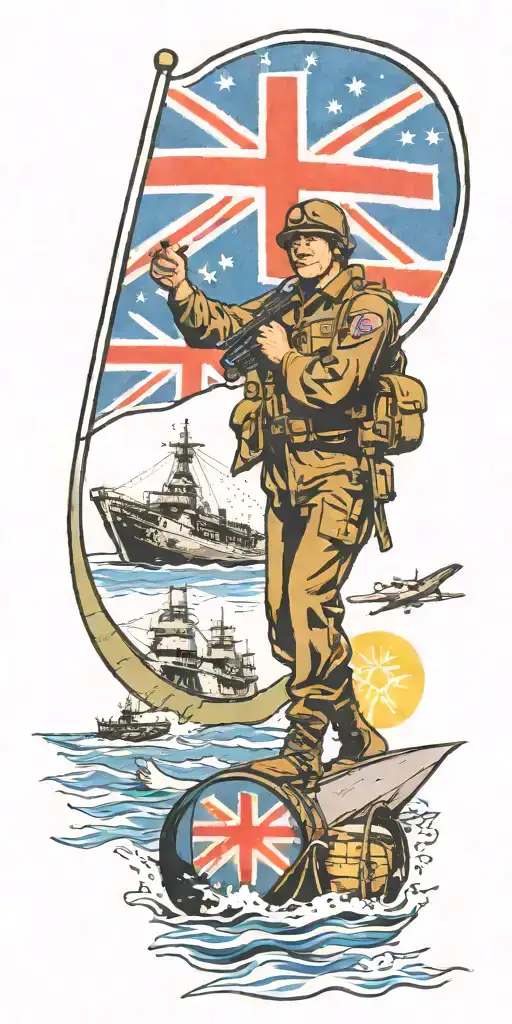 War Soldier With Australian Flag And Boats And Planes