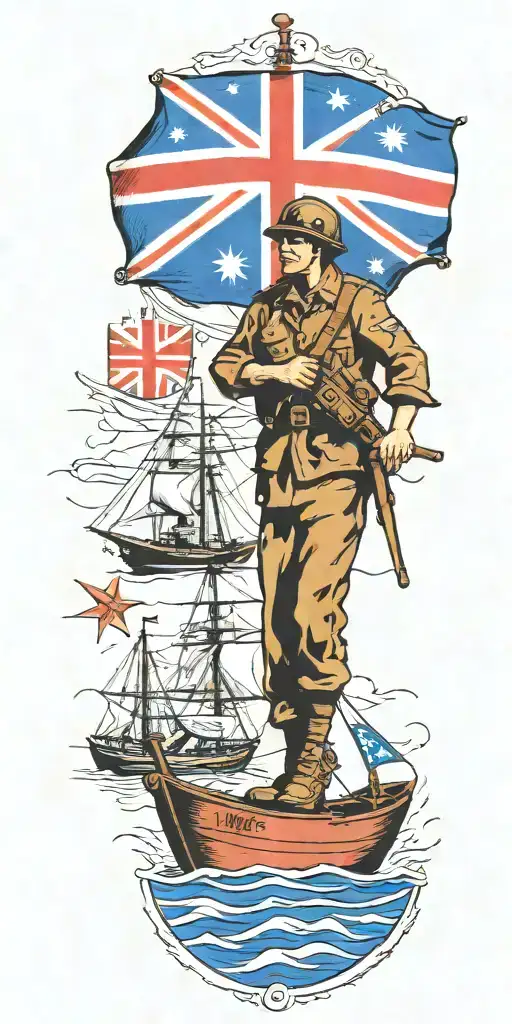 War Soldier With Australian Flag And Boats And Planes