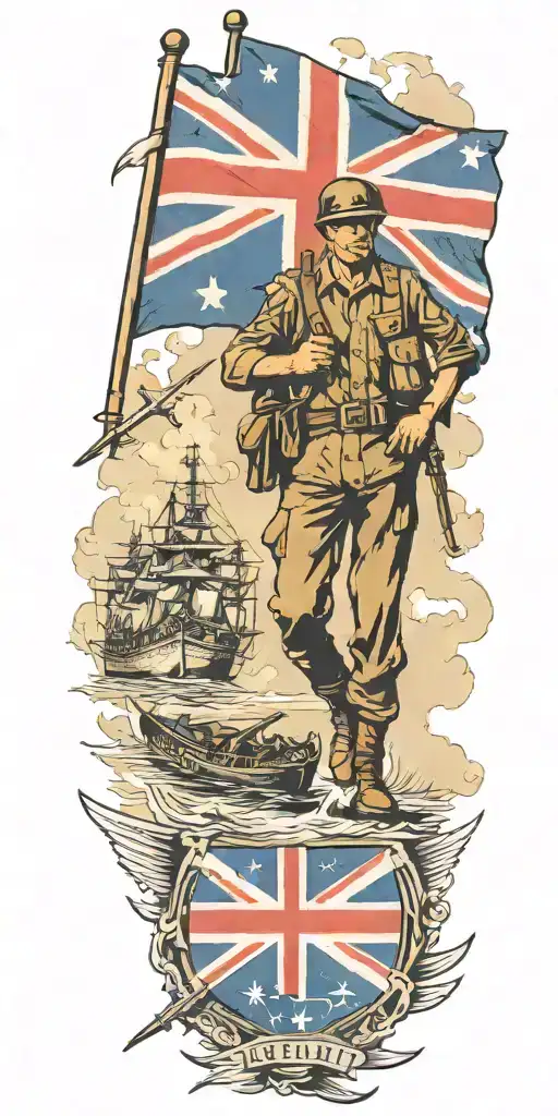 War Soldier With Australian Flag Anzac And Boats And Planes