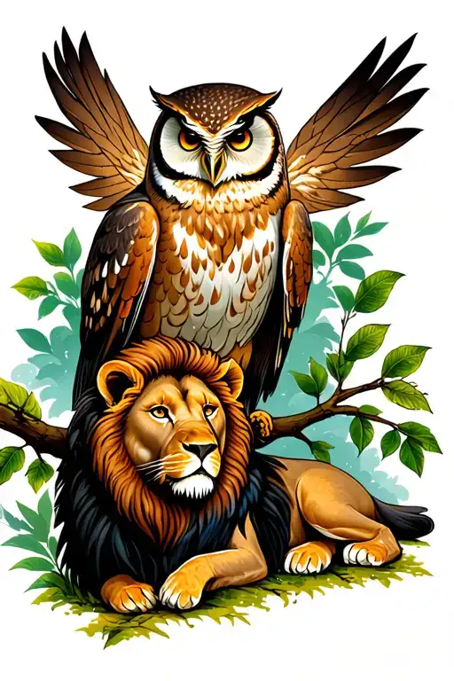 Owl Perched On A Branch With A Lion Laying On Ground Below