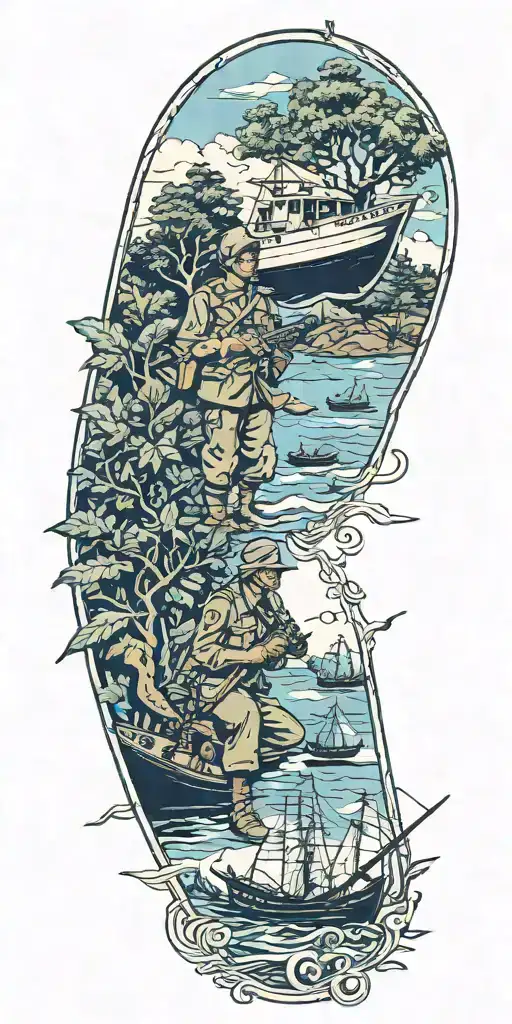 Australian Soldier With Boats And Planes And Trees