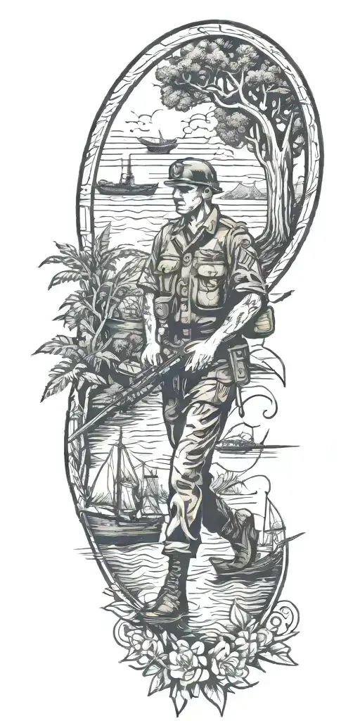 Australian Soldier With Boats And Planes And Trees