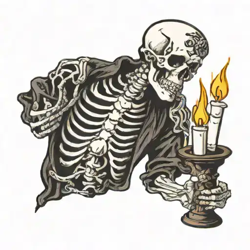 Skeleton Holding Candle Burning