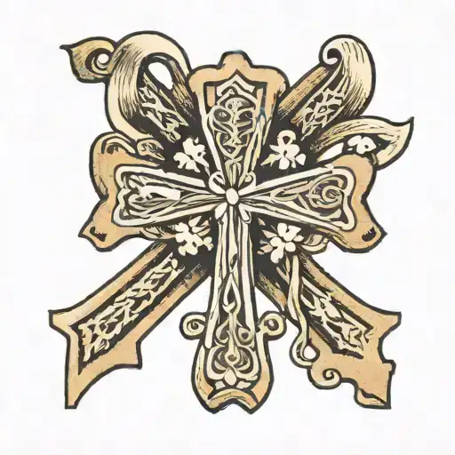 A Catholic Cross With A Cancer Ribbon Wrapped Around It