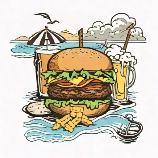A Traditional Tattoo Of A Beach Scene With A Burger And Beer In The Foreground