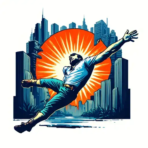 Cartoon Man Falling From The Sun Into A Concrete Jungle