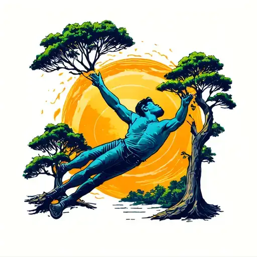 Man Falling From The Sun Into A Concrete Jungle Forest With Trees