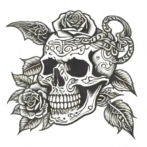Skull Snake Intertwined Rose Crow Perched