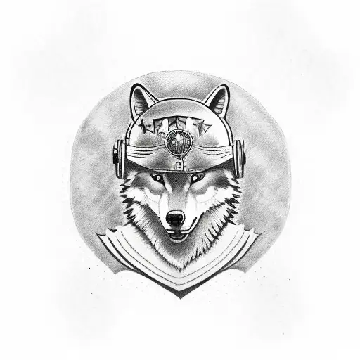 A Wolf In A War Helmet With A Latin Quote About Bravery And Honor In Sketch Style