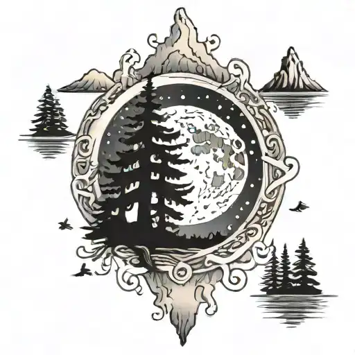 Trees And Mountains Moon Intertwined