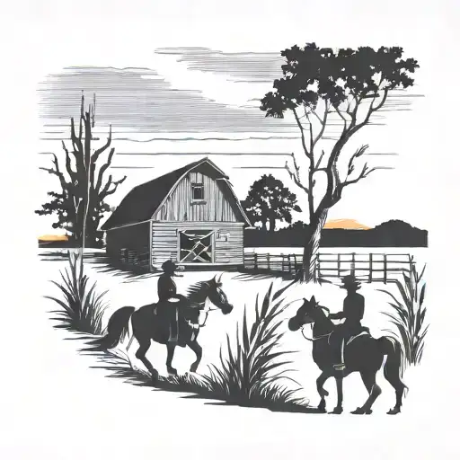 Old Barn Sunset Scene Corn Stalk Framing Scene Cowboy Silhouette