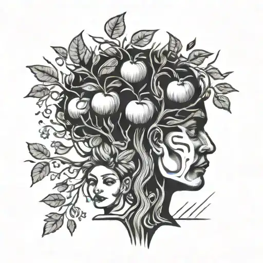Tree Instead Of Apples On Which Human Heads Black And White In Old School Style