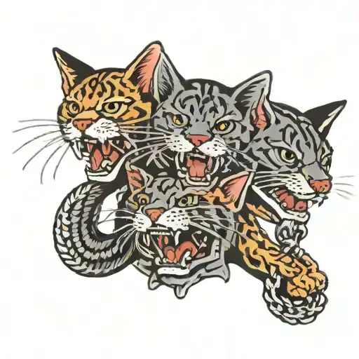 3Headed Cat With A Chain Around Their Mouth Open