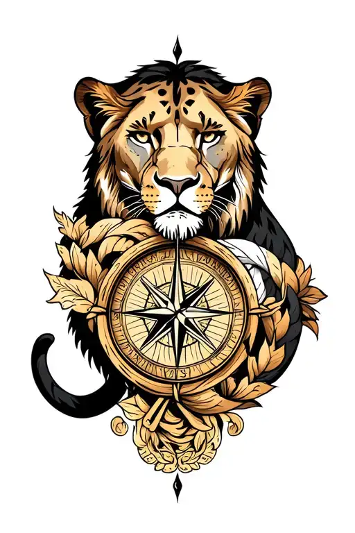 Compass Intertwined Lioness And Panther