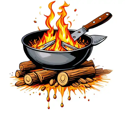 Pan Over Wood Fire Ingredients Falling Down From A Knife