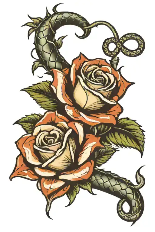 Rose With Thorns On Stem With Snake Wrapped Loosely