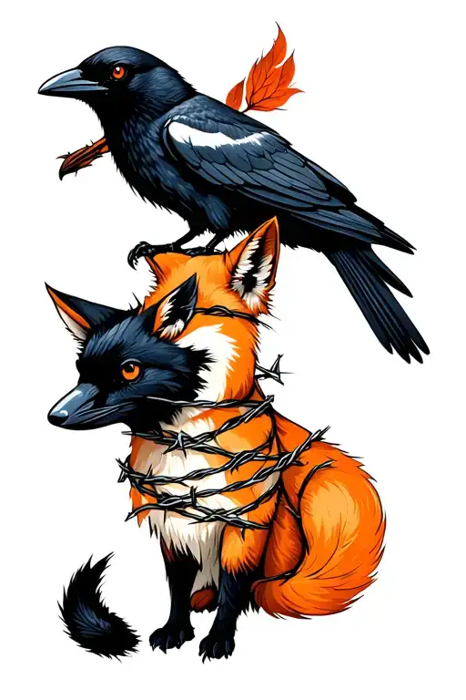 Kitsune And A Crow With Barbed Wire Wrapped