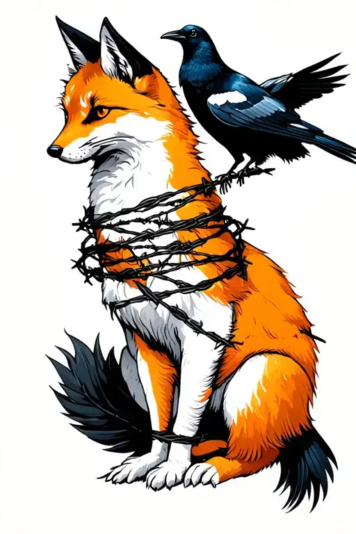 Kitsune With Barbed Wire Wrapped And A Crow Interacting With