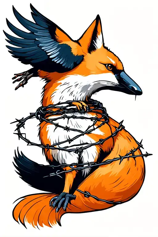 Kitsune With Barbed Wire Wrapped And A Crow Interacting With
