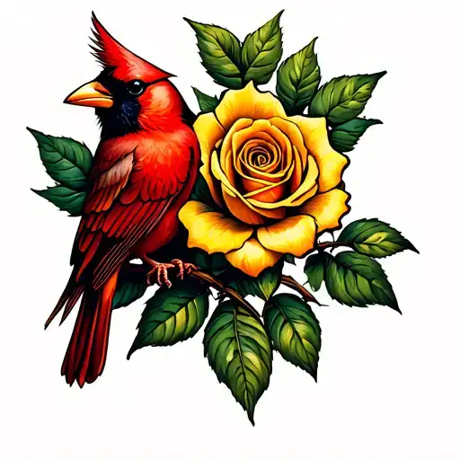 Cardinal Perched On Yellow Rose