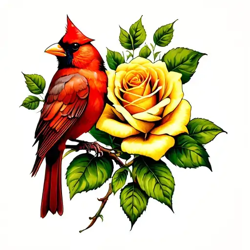 Cardinal Perched On Yellow Rose