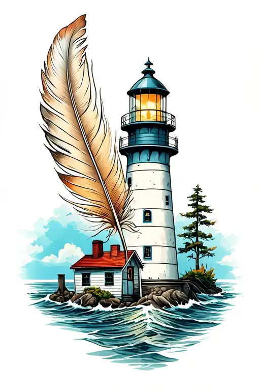 Combine Feathers And Saltwater Fish In A Traditional Style Tattoo Of A Lighthouse Scene