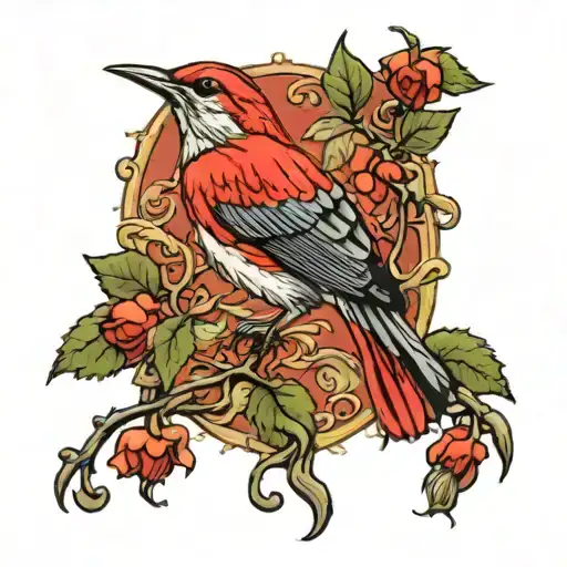 Nightingale On A Red Background In An Arch Entwined With Vines