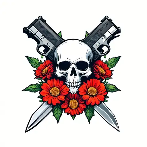 Skull From Black Ops 2 With Knife And Pistol In Emblem Surrounded By Flowers