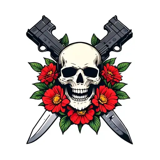 Skull From Black Ops 2 With Knife And Pistol In Emblem Surrounded By Flowers