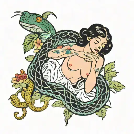 Eve In A Garden Covered By A Snake Wrapped