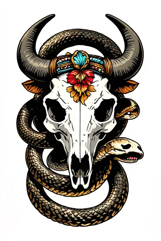 Buffalo Skull With Snake Coiled