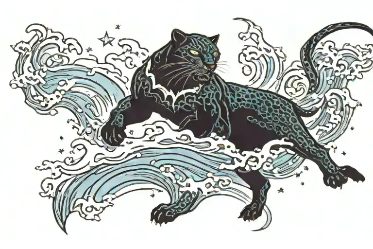 A Cosmic Interpretation Of A Black Panther Leaping Over Crashing Waves In A Starry Sea