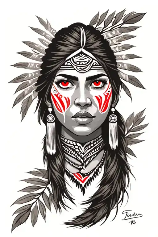 Face Of A Long Hair Female Taino With Red Eye Warrior Paint Across The Bridge Of Her Nose