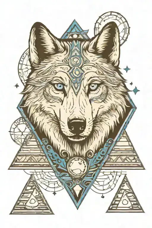 Wolf Face With Blue Eyes Surrounded By Egypt Moon And Pyramids