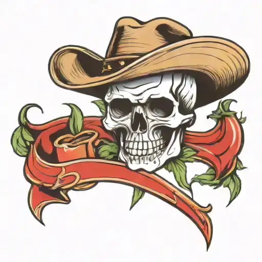 Vines Wrapping Skull Wearing Cowboy Hat