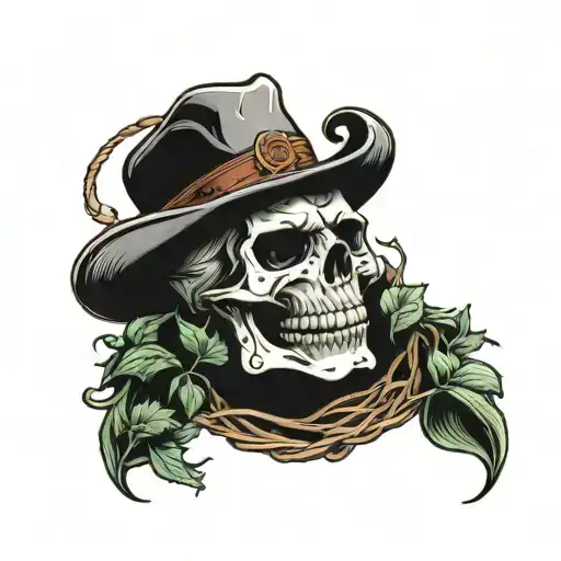Vines Wrapping Skull Wearing Cowboy Hat