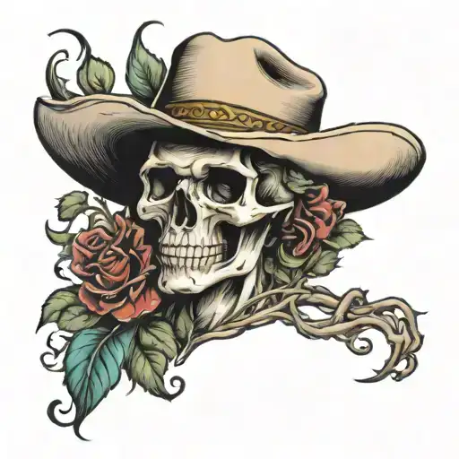 Vines Wrapping Skull Wearing Cowboy Hat