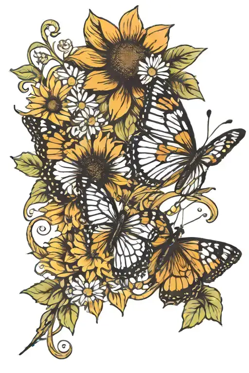Butterfly Sunflower Intertwined With Daisies