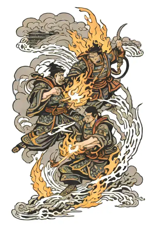 Shuri Castle Burning With Two Ronin Fighting Each Other
