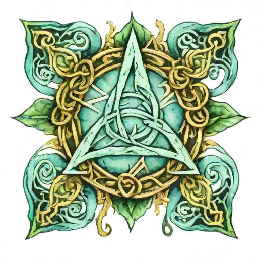 Sharp Green Trinity Knot On A Canvas Of Soft Blue Watercolor Filled