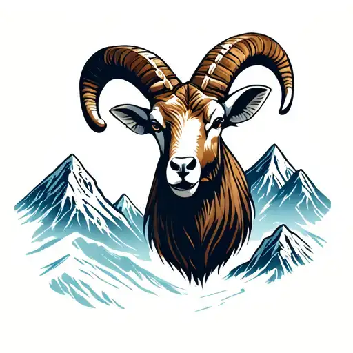 Ram Head With Snowy Mountains And Peaks In Background