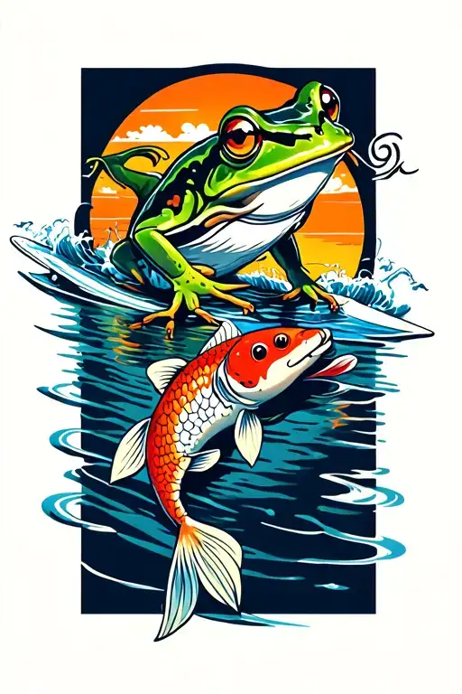 Frog With Yakuza Tattoos Surfing On A Koi Fish