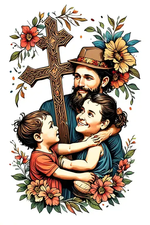 Dad And A Cross Tattoo With Kids