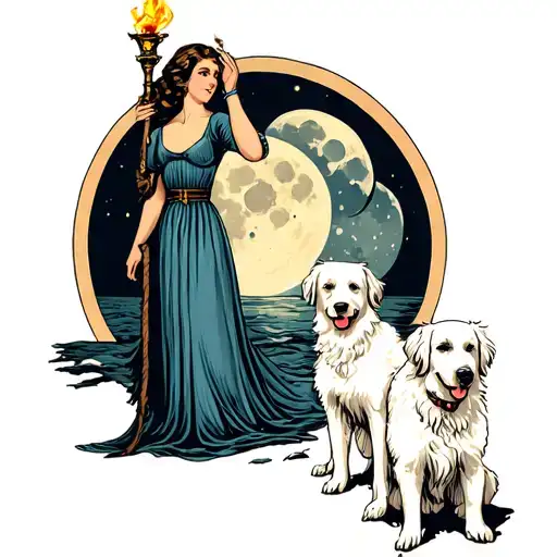 Woman In Long Dress Holding A Torch With The Moon Behind Her And Two White Dogs At Her Feet