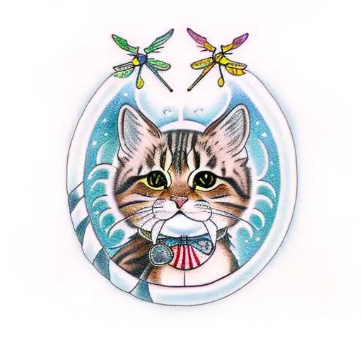 Fluffy Cute Brown Tabby Cat Playing With Dragonfly