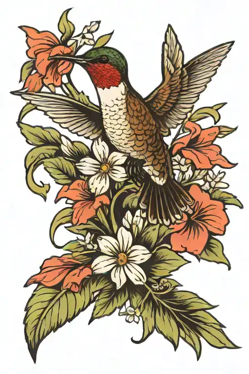 Hummingbird With Daisy And Gladiolus Flowers